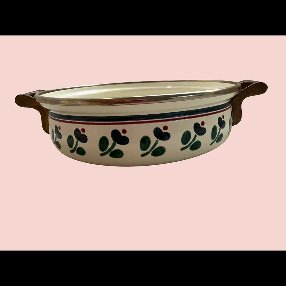 Vintage Asta Enamelware Casserole Serving Pan with Brass Handles Floral Pattern